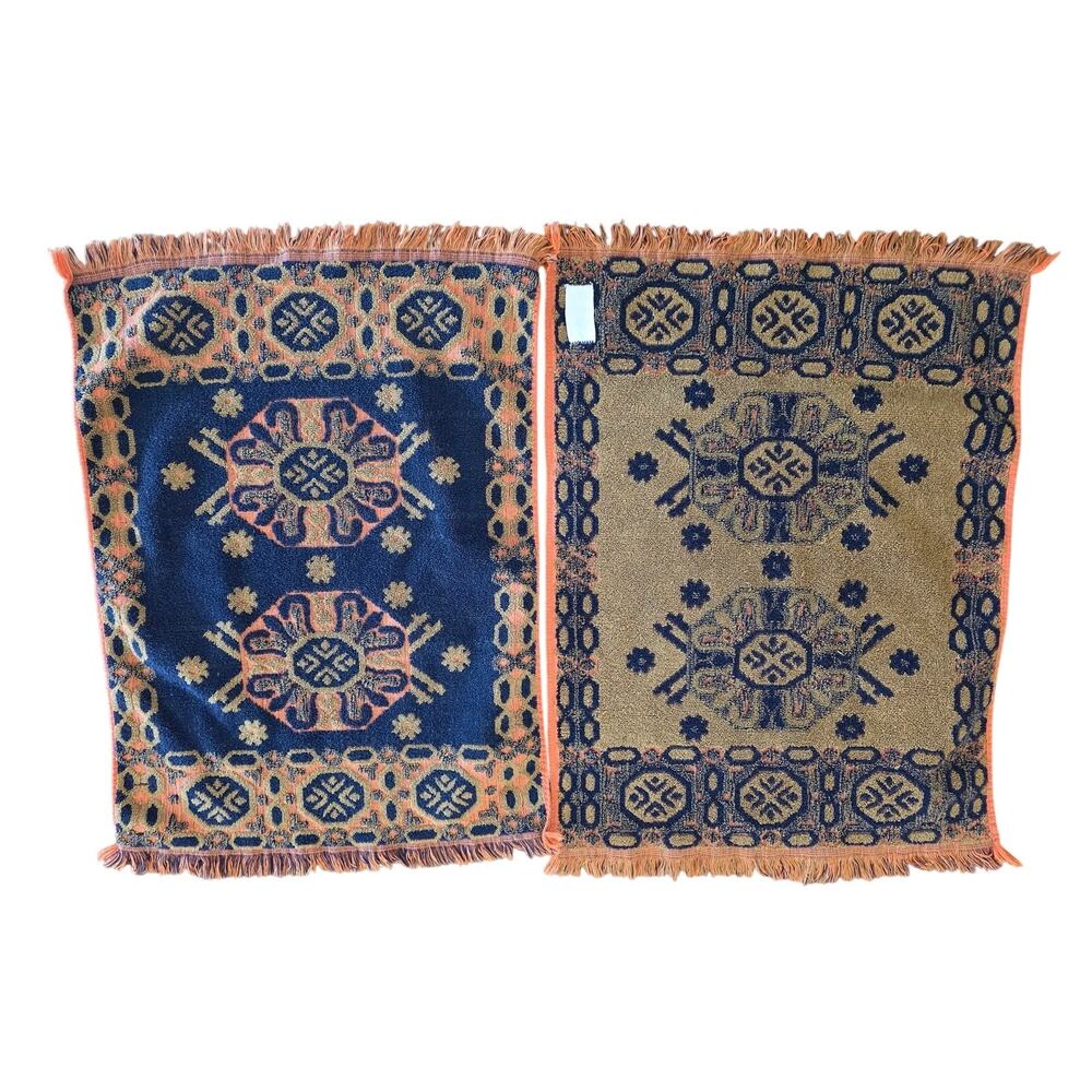 VTG MCM Fringed Jacquard Geometric Orange Avocado 70s Cotton Terry Hand Towels